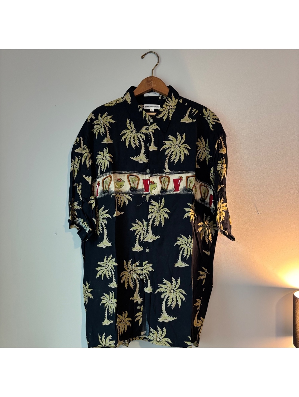 Pierre Cardin Vintage Rayon Hawaiian Shirt Men's L Black Palm Tree Cocktail